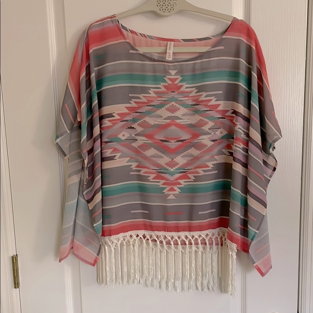 Xhilaration Multicolor Aztec Fringe Oversized Poncho Style Blouse